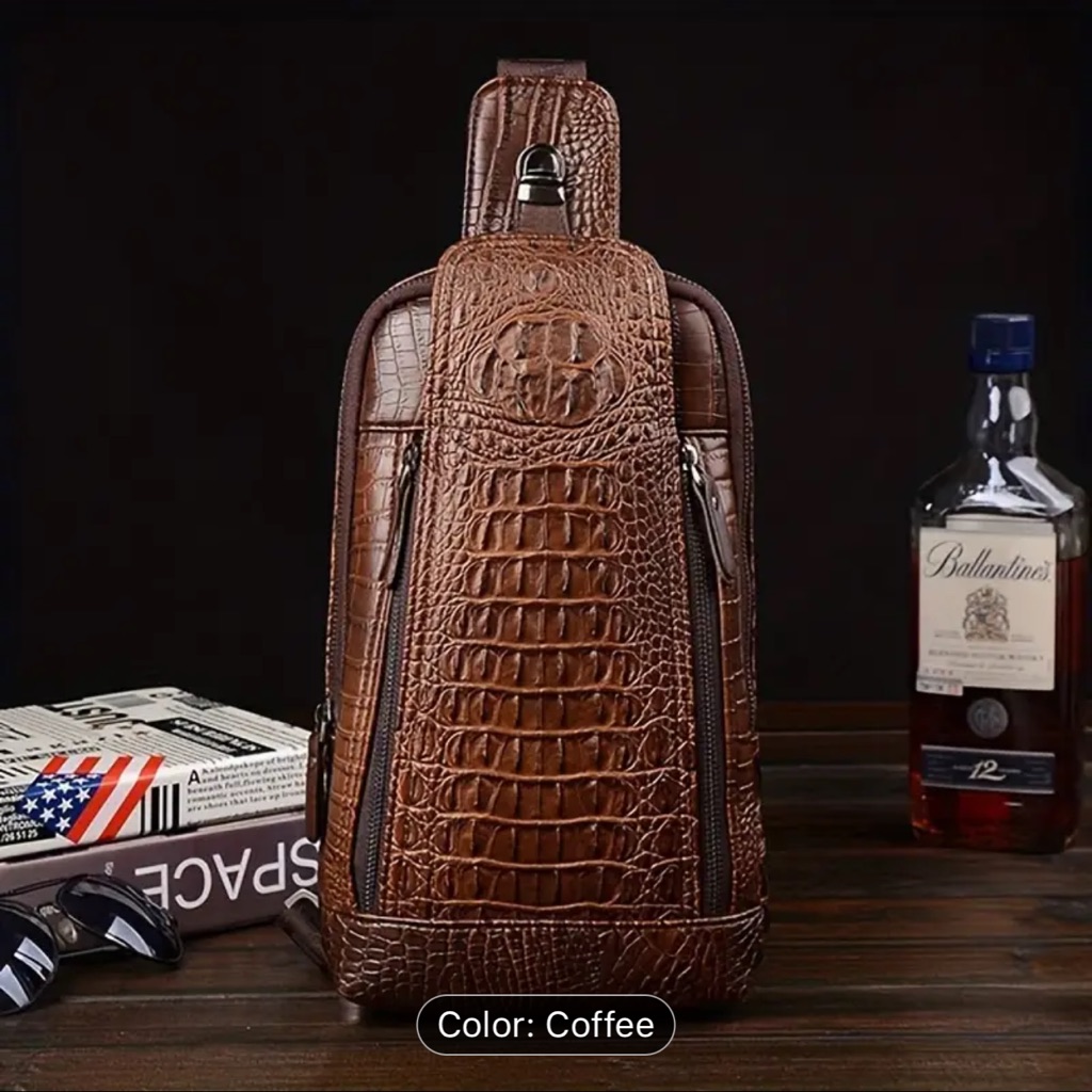 American Vintage Brown Leather Backpack With Crocodile Pattern